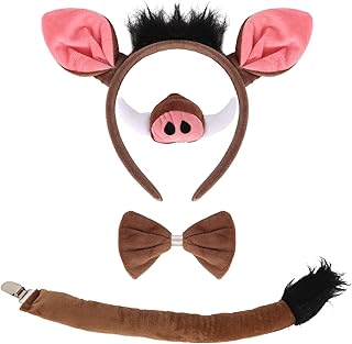 4 Pcs Warthog Costume Accessories Set, Warthog Ears Headband Nose Bowtie & Tail, Fancy Accessories for Halloween Play Party Carnival World Book Day