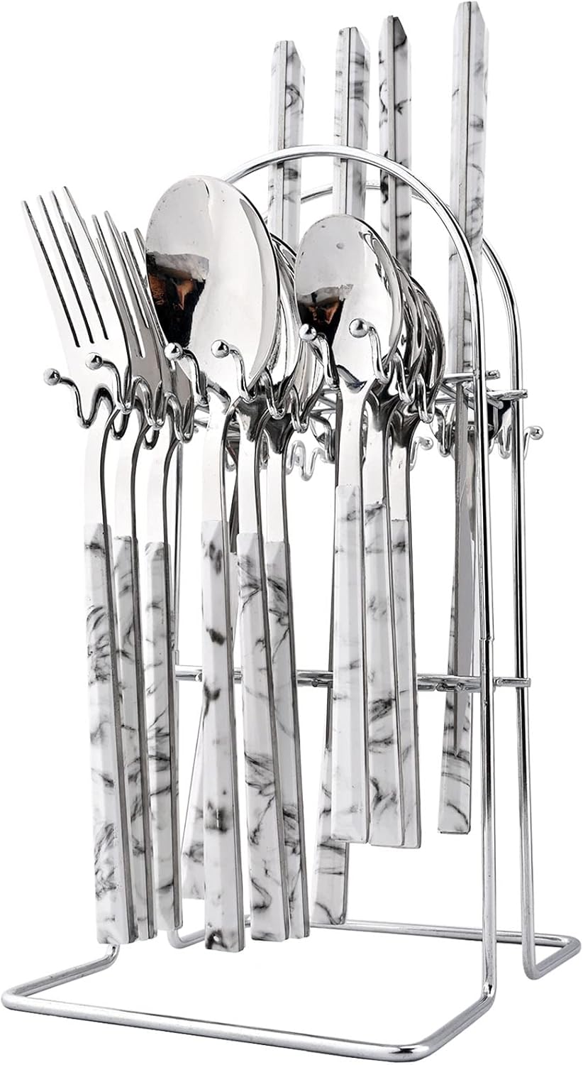 24Pcs White Imitation Marble Pattern Handle Flatware Silverware Set with Stand, Stainless Steel Cutlery Set for 6, Square Handle Eating Utensils, Mirror Polished