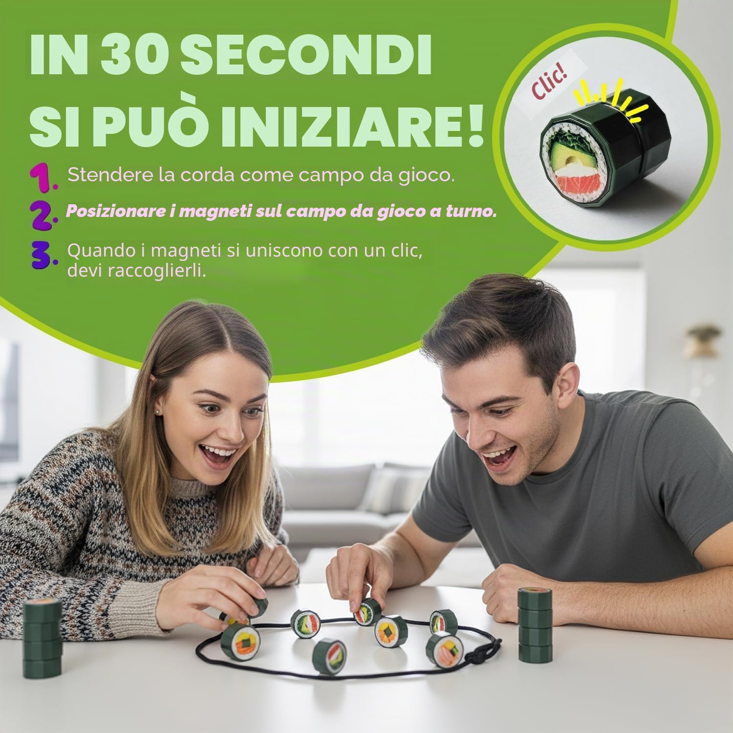 Maki Madness Gioco Magnetico – Gioco di Abilità Famiglia da 6 Anni | 20 magneti sushi, corda e scatola – gioco da viaggio, di società e regalo di compleanno, Natale – per 1-4 giocatori da 6 anni