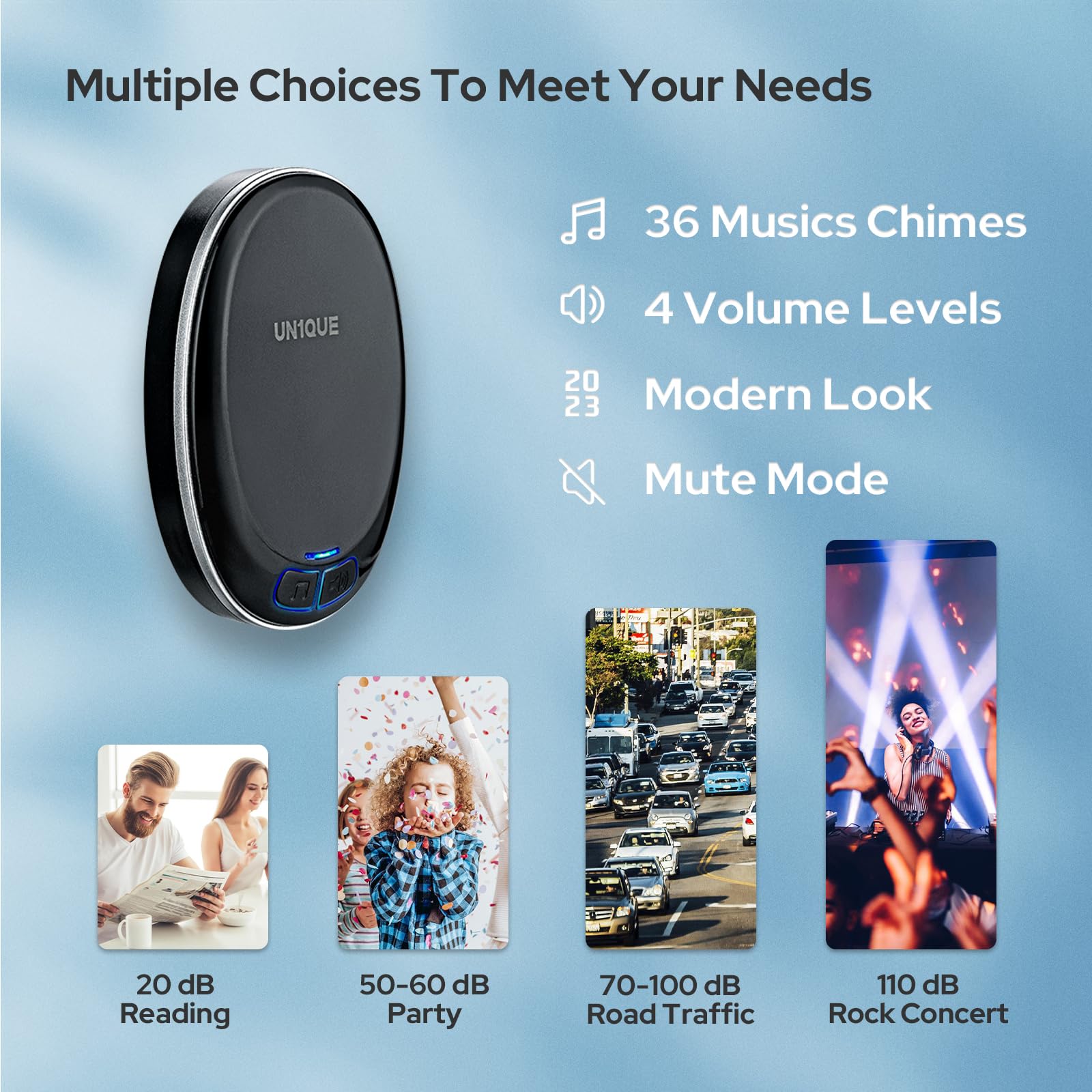 UN1QUE Wireless Door Bell for Home - Small Calling Bell for Office, 1000ft Long Range with 36 Chimes, 100dB Louder Volume, 4 Level Volume, LED Light, Info Board Design, IP44 Waterproof 3