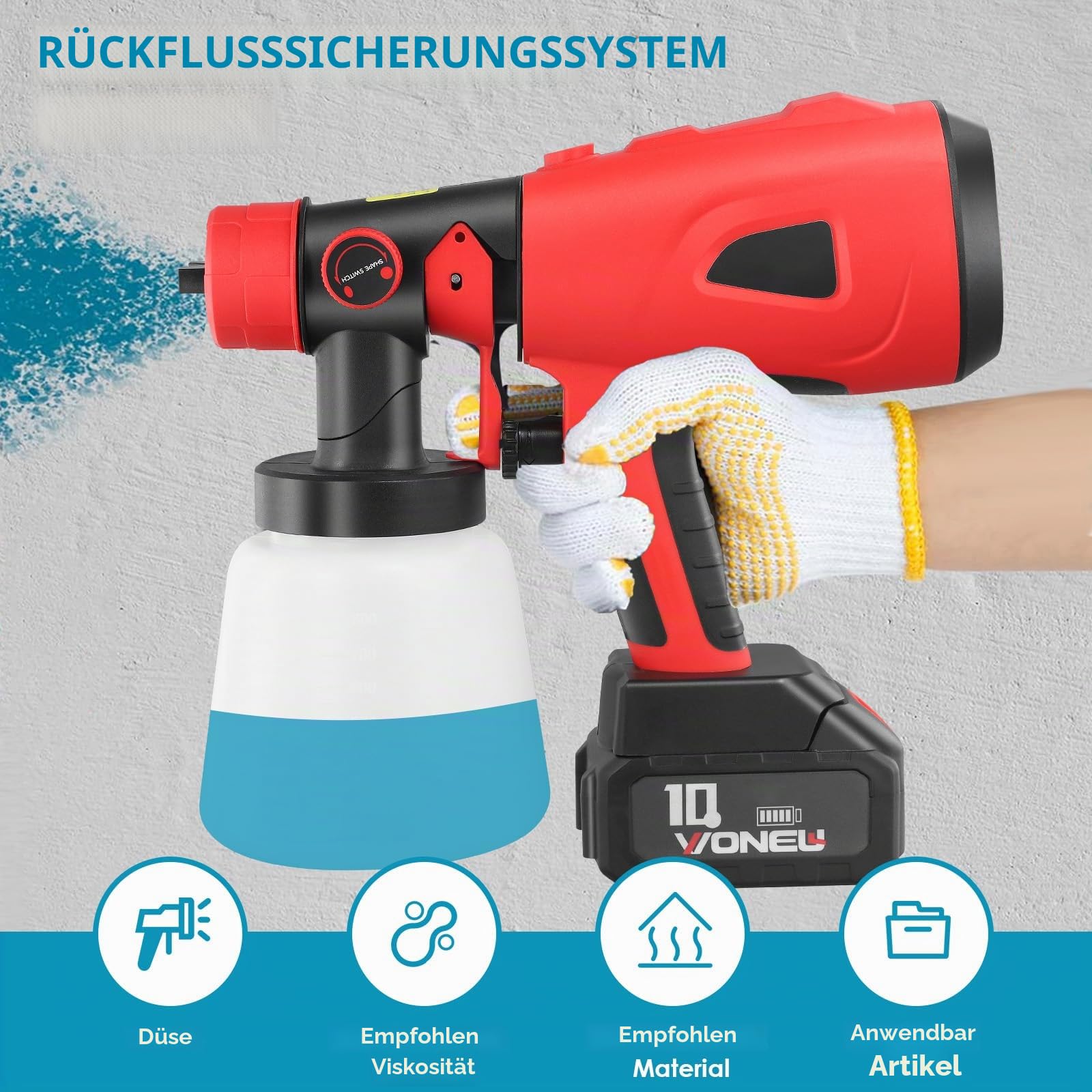Farbsprühsystem, 850 W Akku farbspritzpistole mit 2 x 2600 mAh 21 V Akku und Ladegerät, 5 Düsen, 2 800 ml Farbbehälter, 3 Sprühmuster,Paint Sprayer für Wände Decken Zäune