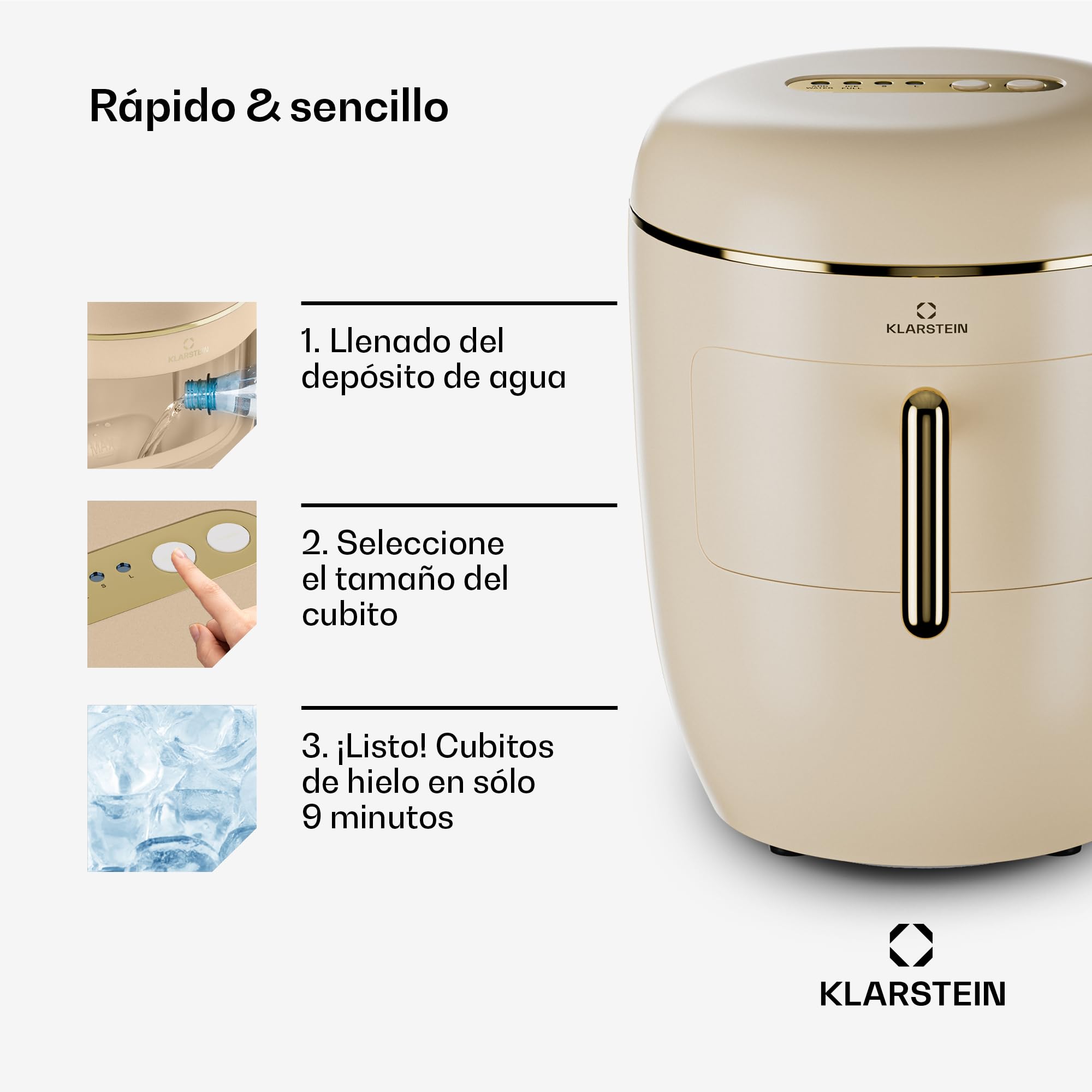 Klarstein Máquina de hielo para casa, Camping Gastro, Mini cubitos rápidos, Máquina profesional para cubitos grandes y pequeños, autolimpiable, depósito de agua de 2,3 L, 15 kg de hielo en 24 h