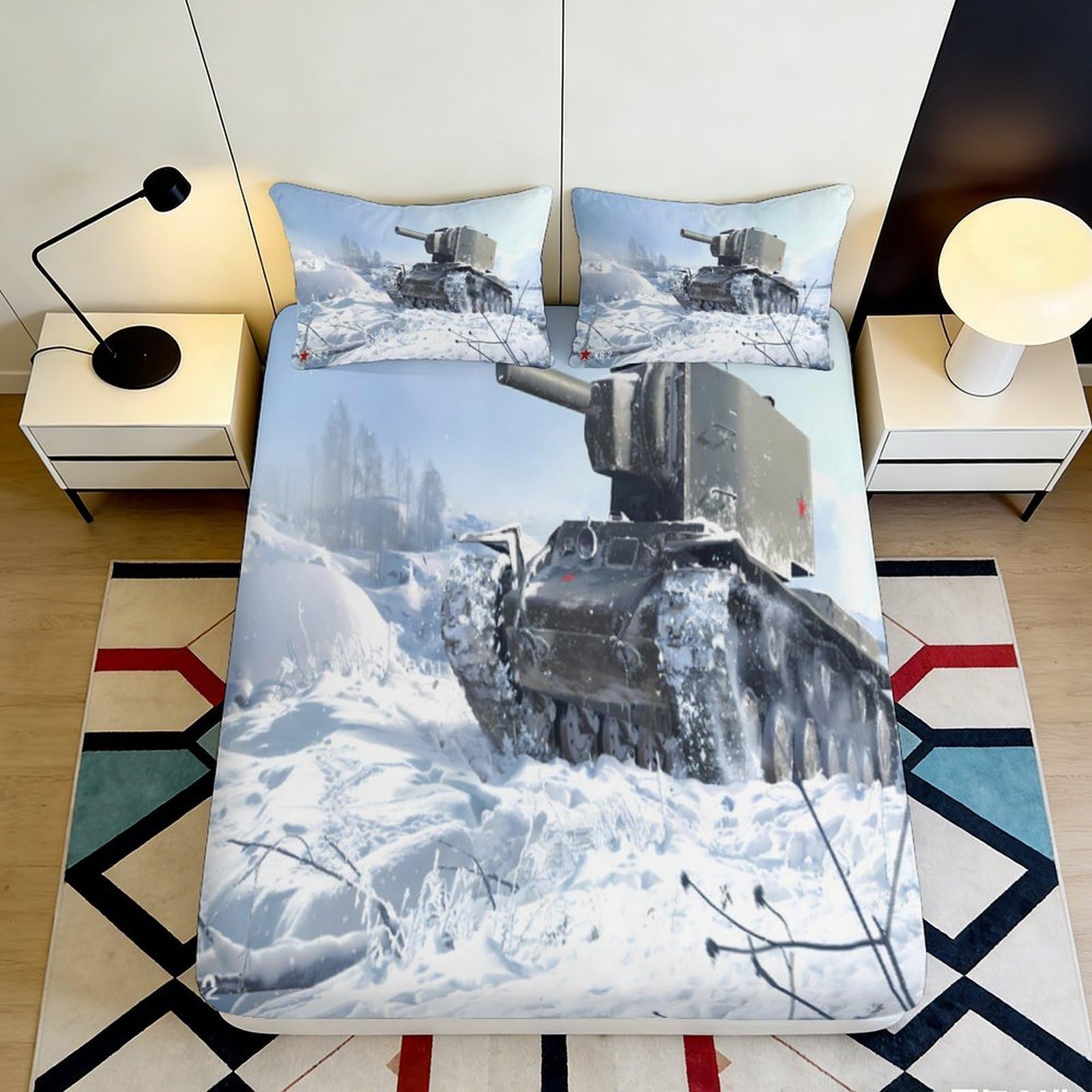 Uynsixtme Style-10 3D Printed Snow Tank Fitted Sheet Microfiber Deep Pocket Non-Slip Bedding Snow Tank Mattress Fitted Cover Washable Home 200X200x25cm
