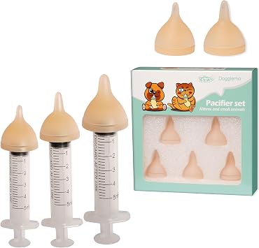 Doggiema Silicone Feeding Nipple and Syringes for Newborn Kittens, Puppies, Rabbits, Small Animals, Bubble Milk Bowl 3 Size Nipple+3 Syringes