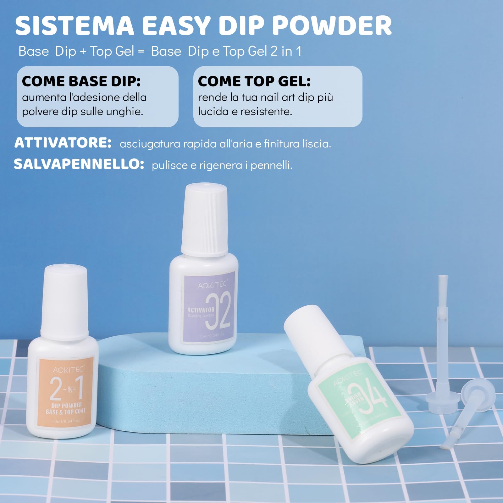 Aokitec Kit per unghie in polvere a immersione, blu e luccicante, con liquido per unghie, kit per nail art, facile da trasportare e usare, set per unghie in acrilico, regalo per donne e ragazze