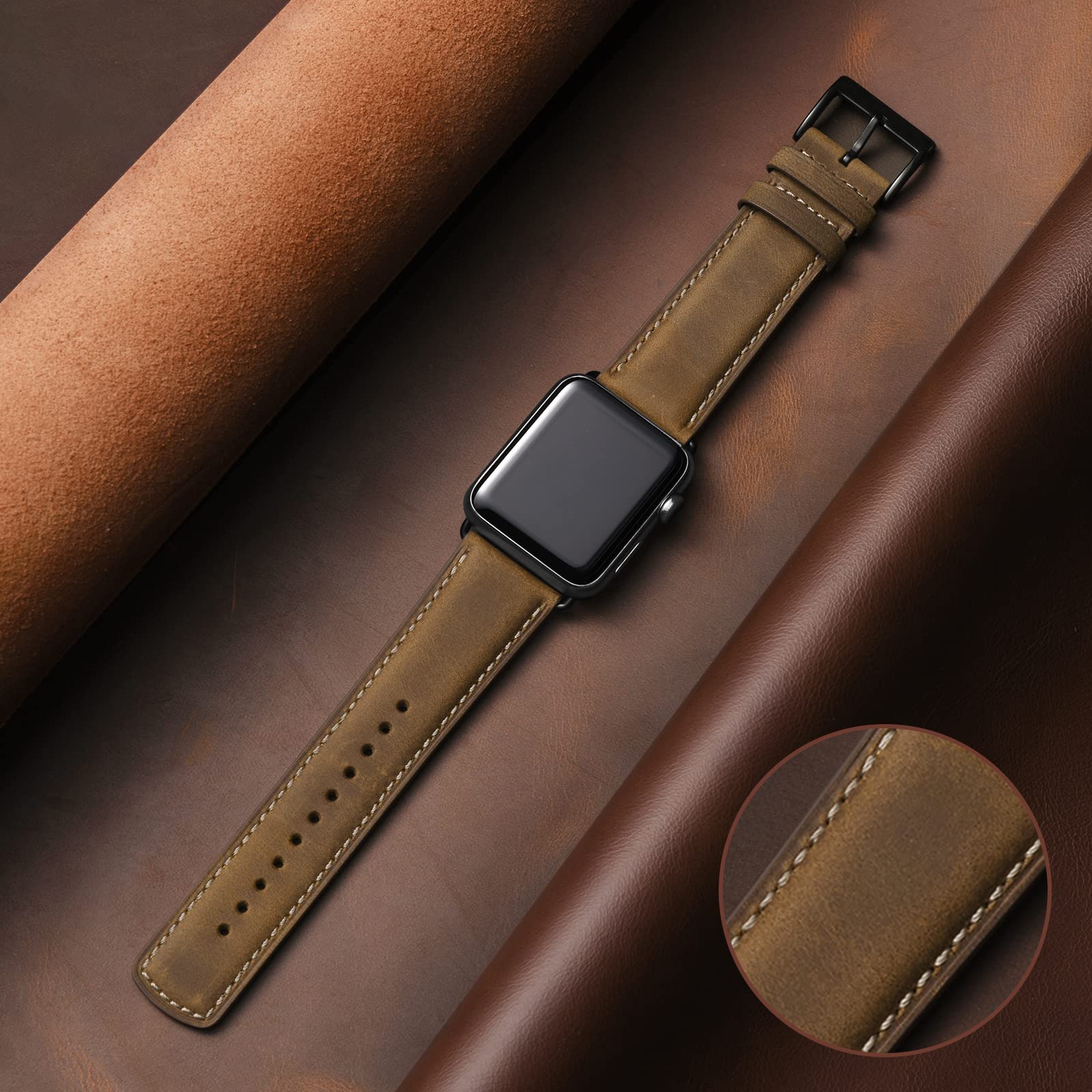 WFEAGL Leather Strap Compatible Apple Watch Straps 42mm (Series 11 10) 40mm 41mm 38mm,Genuine Leather Replacement Strap Men Women for iWatch Series 11 10 9 8 7 6 5 4 3 2 1,SE,iWatch Ultra,Light Brown - Image 2