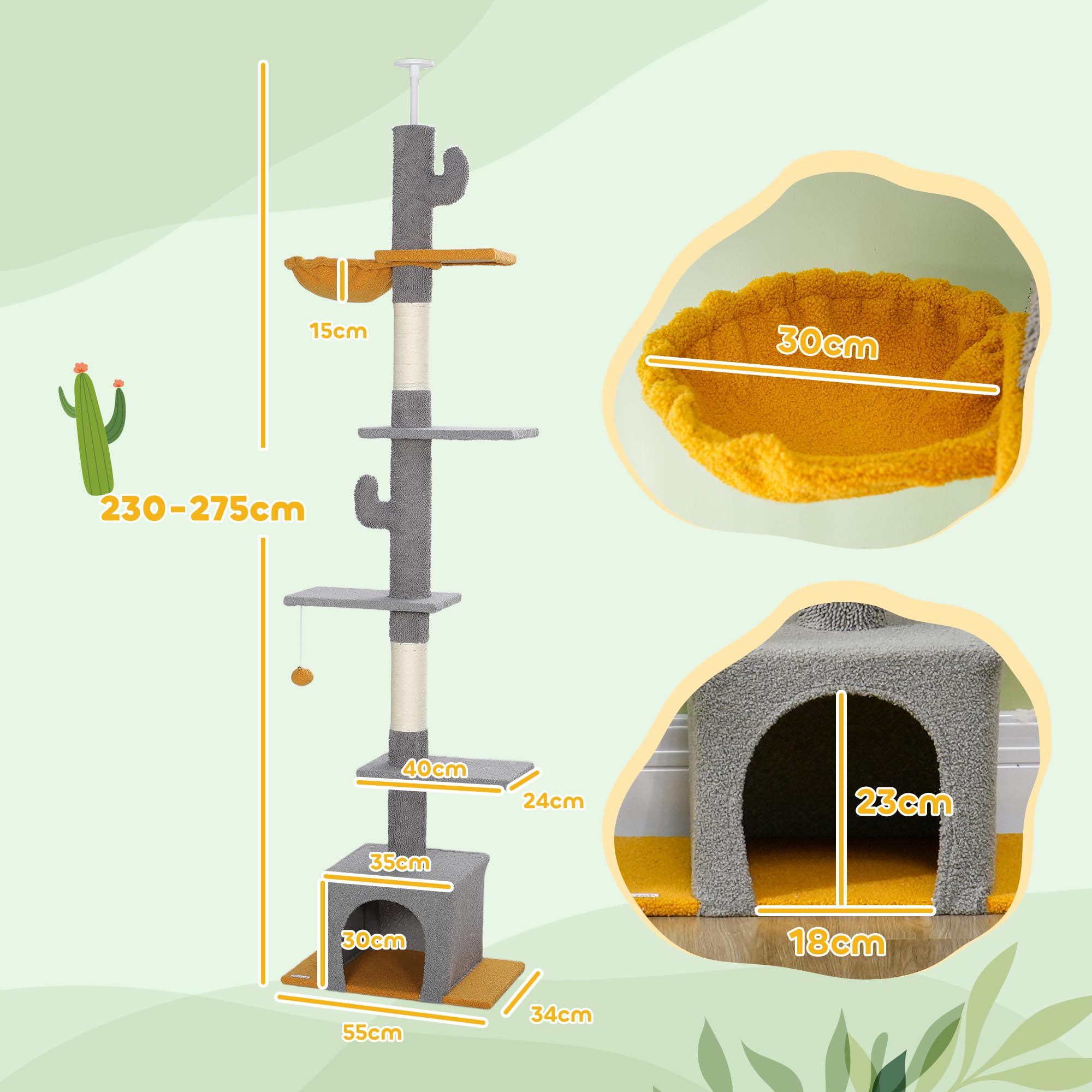 PawHut Albero per gatti da pavimento a soffitto, altezza 275 cm, torre gioco per gatti, 6 livelli, con piattaforme, cuccia, amaca, palla, tiragraffi, per arrampicarsi, graffiare e giocare, grigio | Torre gioco per gatti, piattaforme, nicchia, palla, tirag