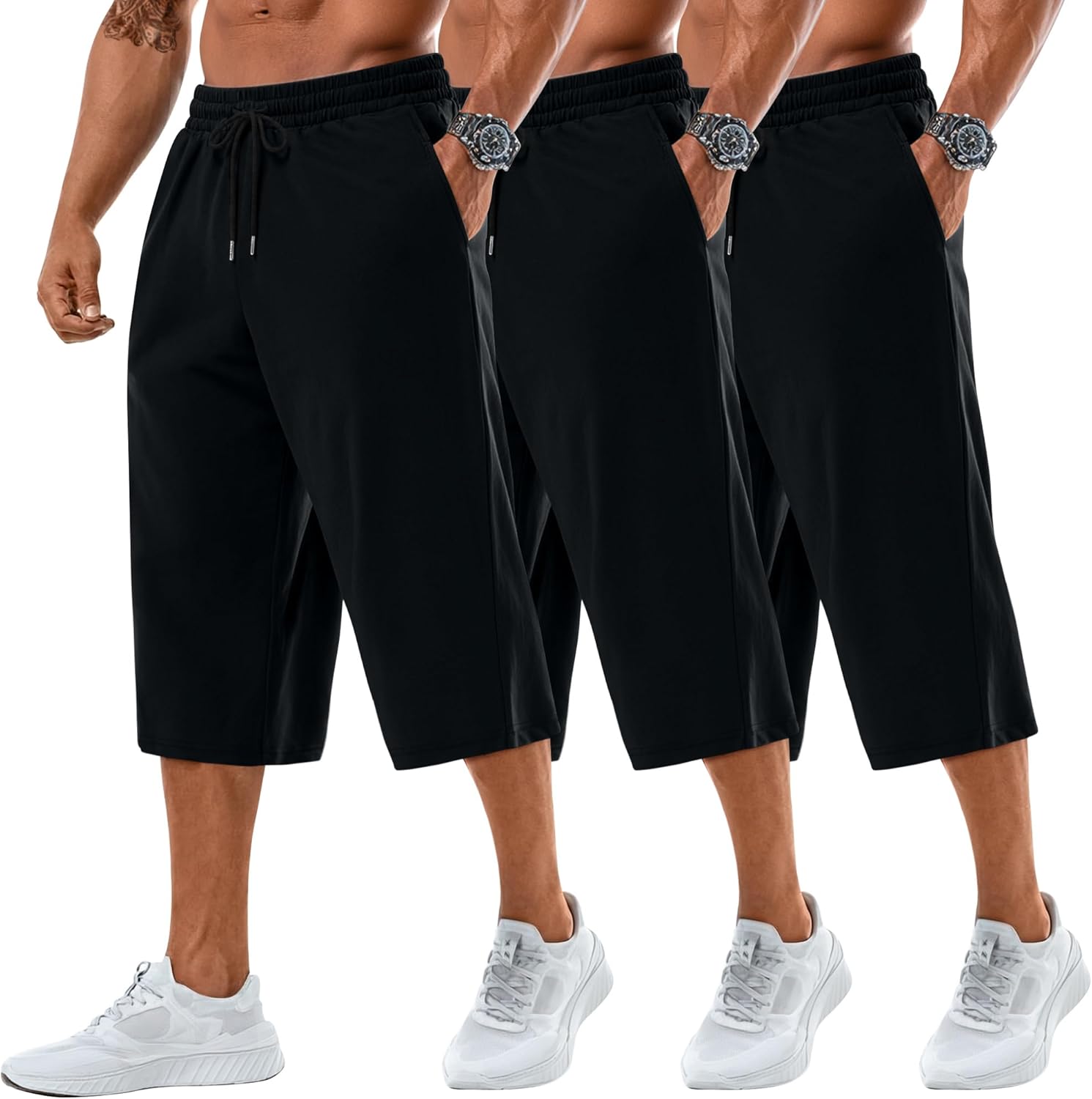 Neer 3 Pack Men's Baggy Capri Pants Plus Size Below Knee Casual 3/4 Shorts Big and Tall Summer Drawstring Pants with Pockets