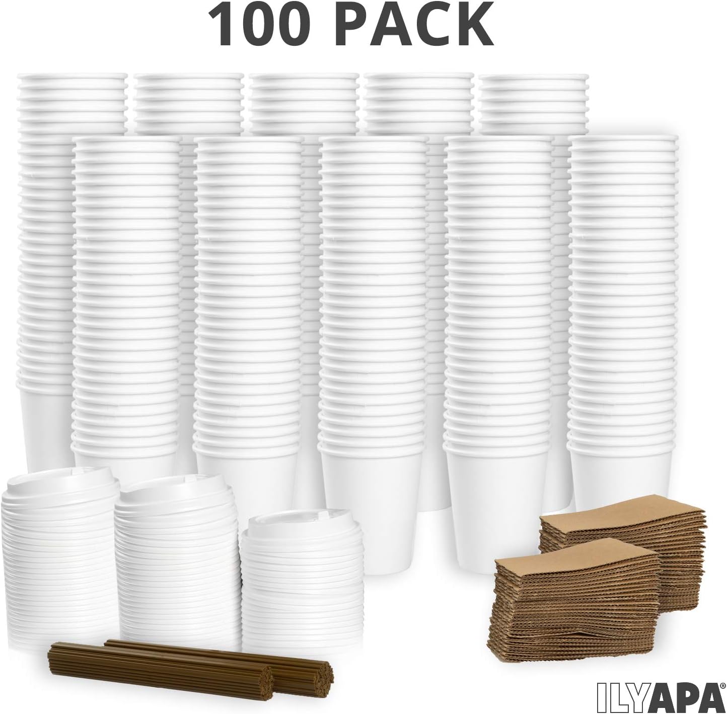 Ilyapa 100 Pack - 12 oz To Go Coffee Cups with Sleeves, Lids & Stirrers - Disposable & Recyclable White Paper Travel Coffee Cups