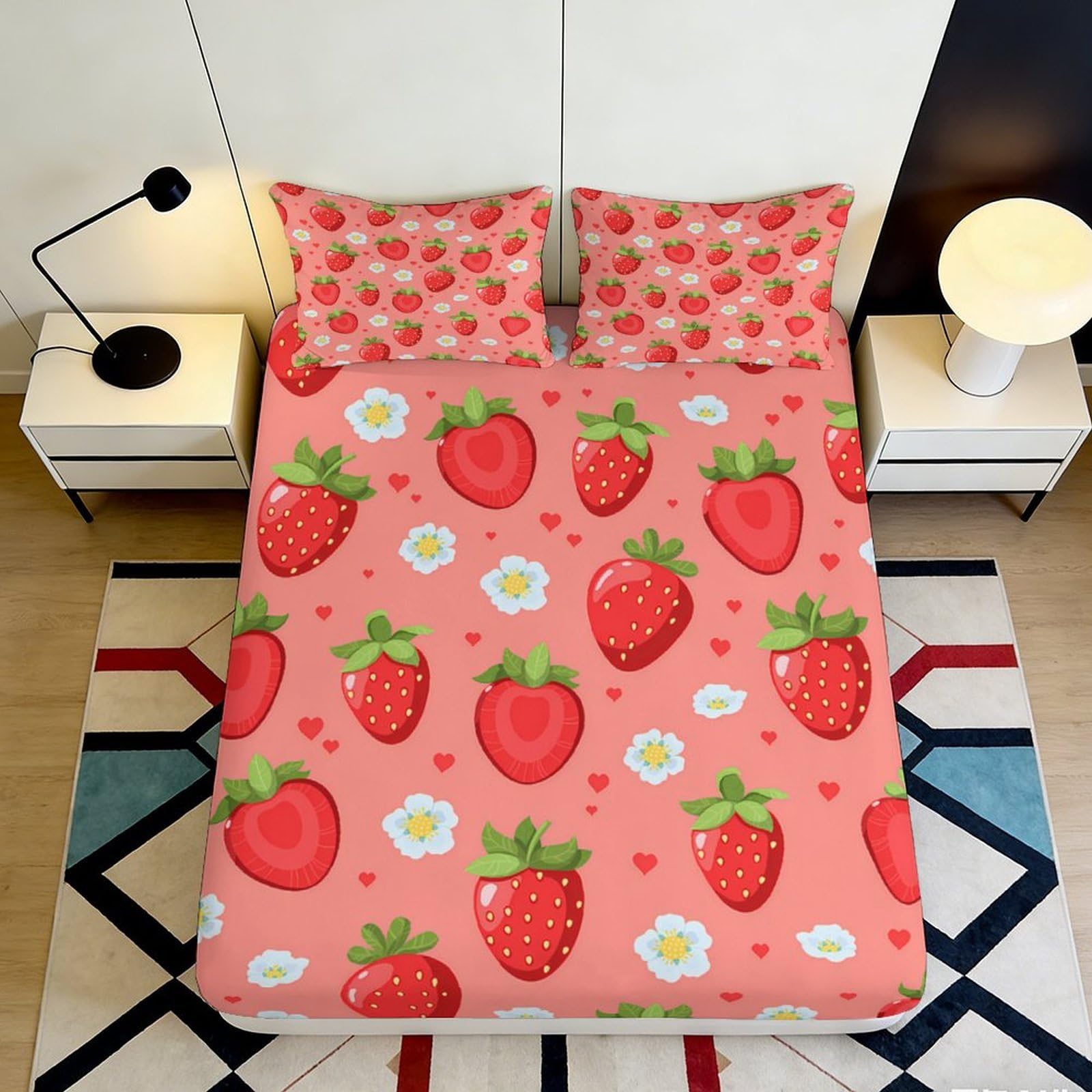 3D Printed Strawberry Floral Fitted Sheet Microfiber Non-Slip Mattress Cover Pink Bed Sheet for Bedroom Dorm Home 160x200x25cm