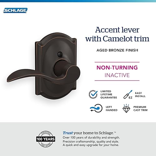 Miniatura 3 de SCHLAGE - Manija de puerta Accent con moldura Camelot, apertura a la derecha, de función simulada sin giro para un lado de la puerta en bronce