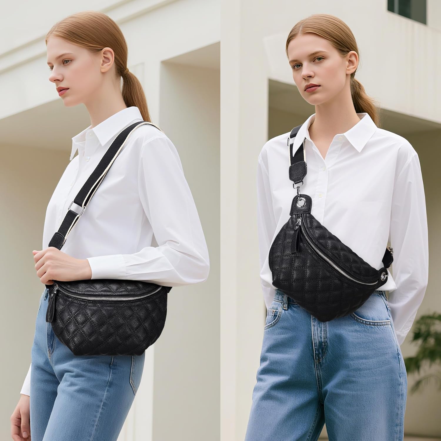 Women's Quilted Crossbody Waist Pack, PU Leather Fanny Pack Sling Bag with Adjustable Belt, Small Shoulder Purse for Travel, Daily Use (B-Black) - Image 2