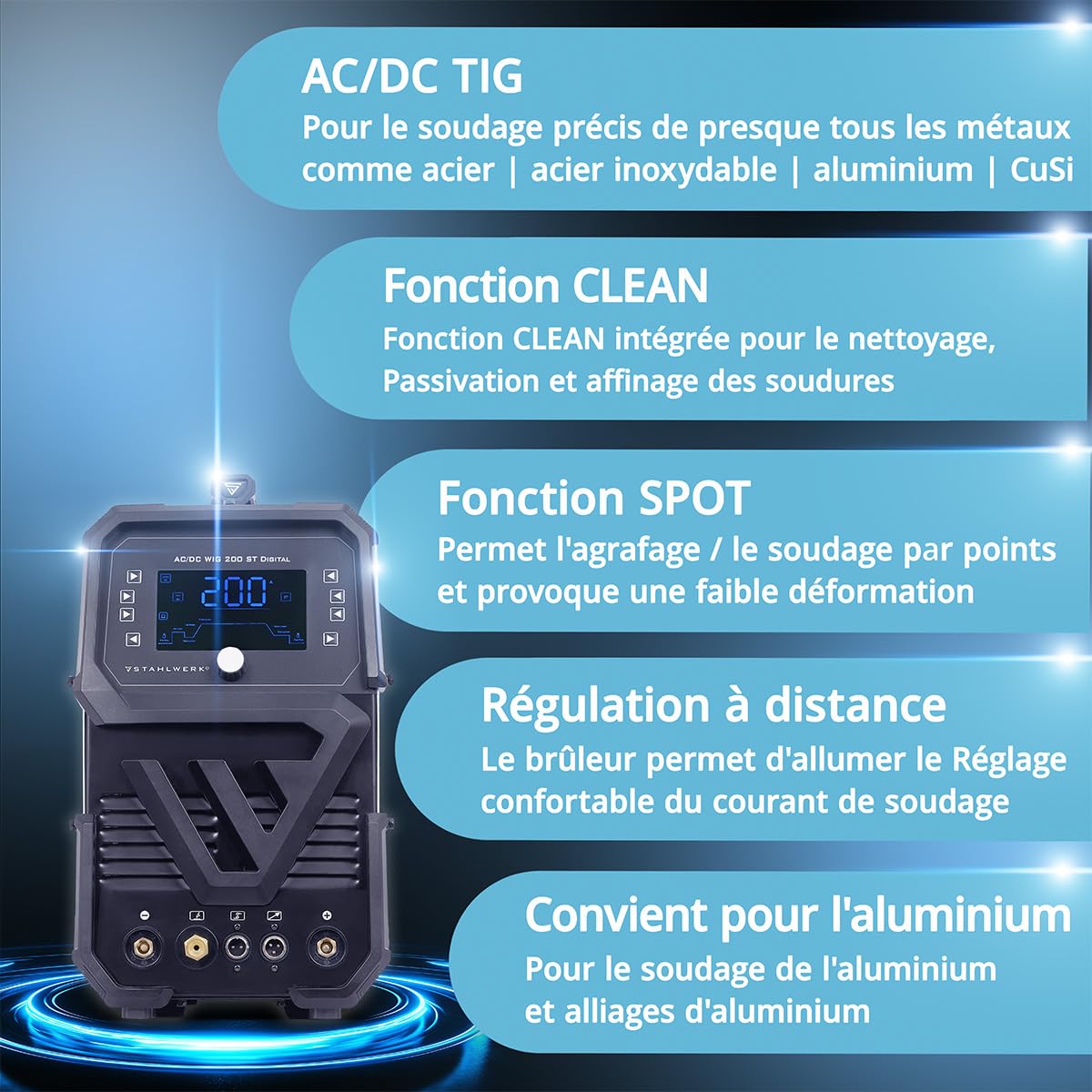 STAHLWERK Poste à souder combiné 3-en-1 AC/DC TIG 200 ST Digital – TIG & MMA (ARC) jusqu'à 200 A, mode Clean pour le nettoyage électrochimique des soudures inox, amorçage HF, fonction Spot