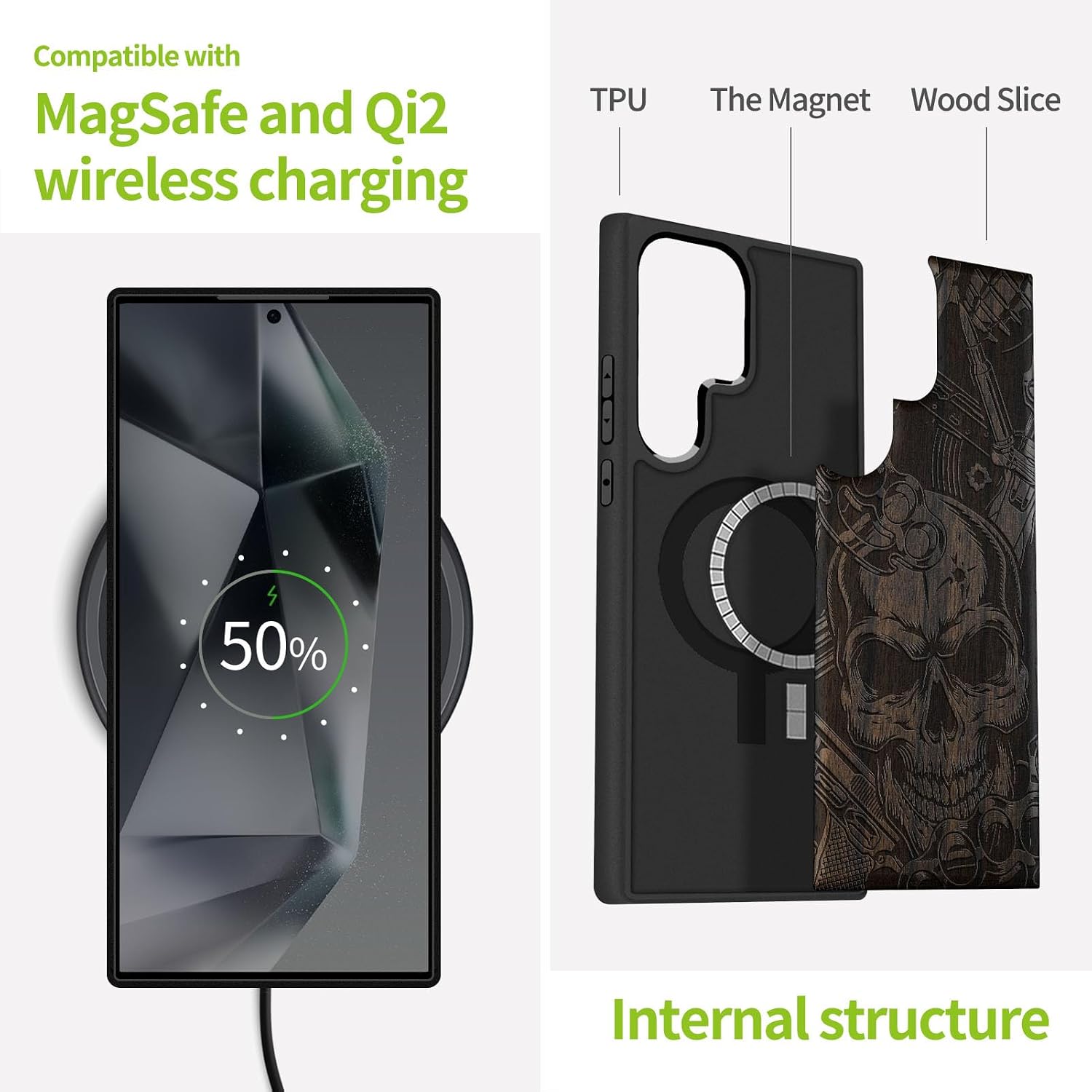 Carveit Magnetic Wooden Case for Samsung Galaxy S25 Ultra Case 2025, TPU Shockproof Cover & Wood Artisan Engraved, Compatible with MagSafe Wireless Chargers (Skull of Chaos) Blackwood