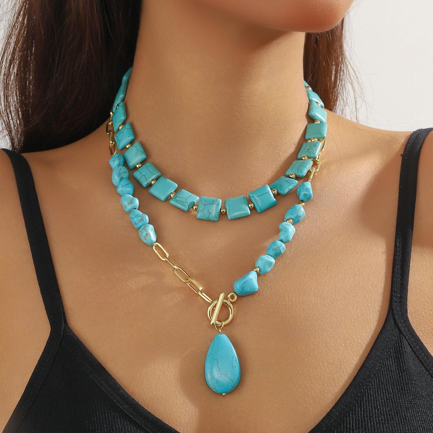 Boho Turquoise Necklaces for Women Gold Layered Necklaces for Women Chunky Turquoise Pendant Choker Necklace Turquoises Jewelry - Image 2