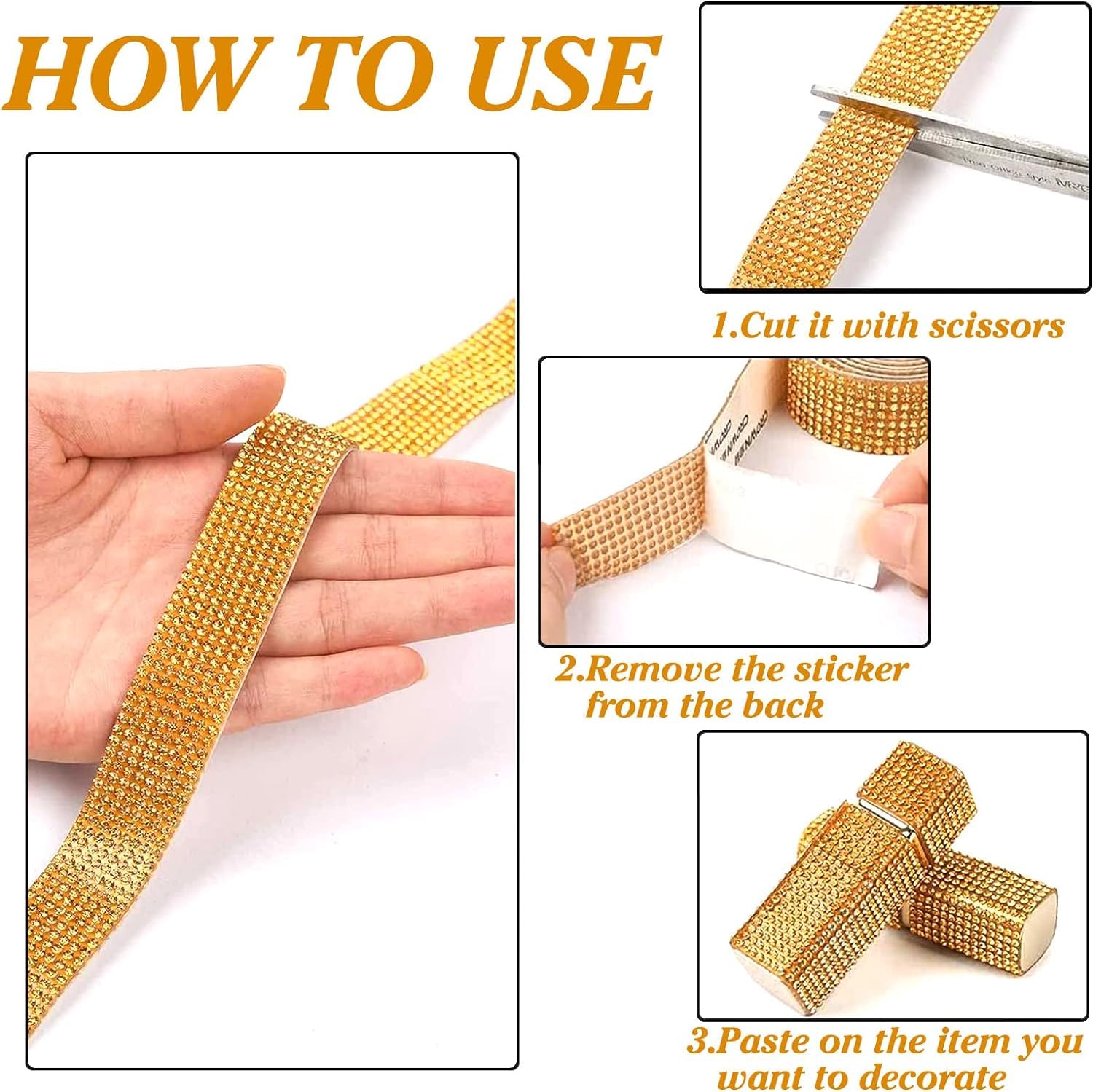 Diamantband, zelfklevend, strasssteentjes, 2,7 m, voor knutselen, waterglazen, auto's (goud