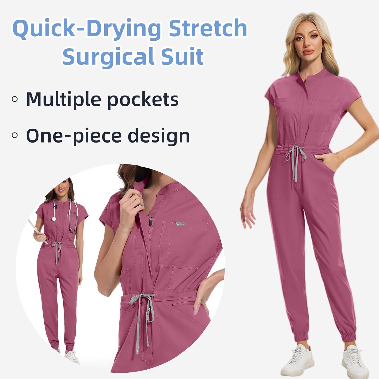 Scrub Jumpsuit for Woman,One Piece Scrubs Jumpsuit,Drawstring Waist,Multiple pockets Set with Pockets
