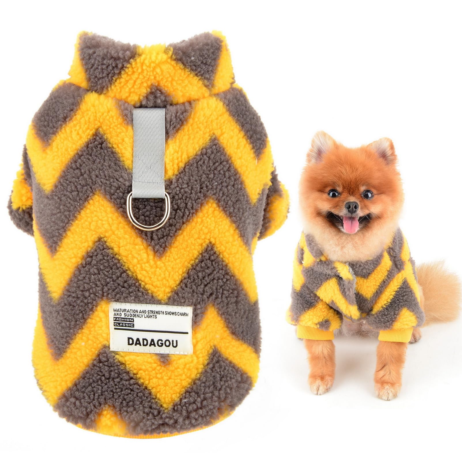 SMALLLEE_LUCKY_STORE Fleece Dog Coat for Small Dog, Chevron Pet Jacket with D-ring and Letter, Warm Winter Fall Puppy Clothes Chihuahua Yorkie Outdoor Costume Cat Apparel, Yellow, M