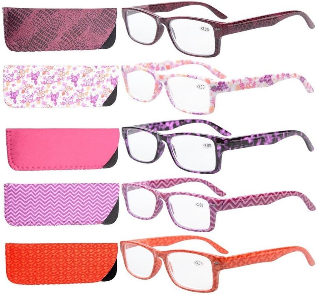 Eyekepper 5-Pack Patterned Reading Glasses Spring Hinges Rectangular Reader Eyeglasses for Women Reading
