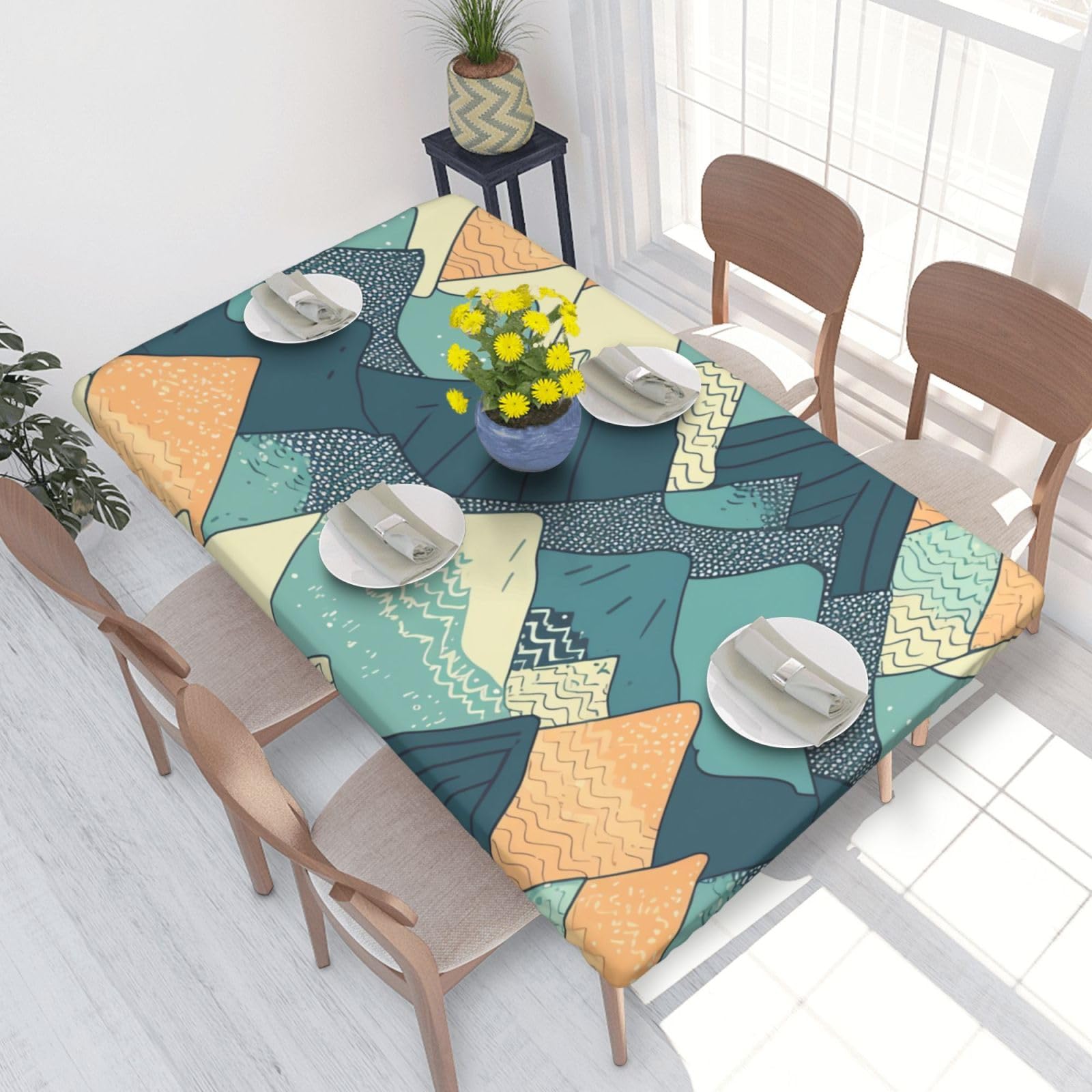Mountains Waterproof Square Table Cover Elastic Fitted Tablecloth Oil Proof Table Protector For 4ft Table