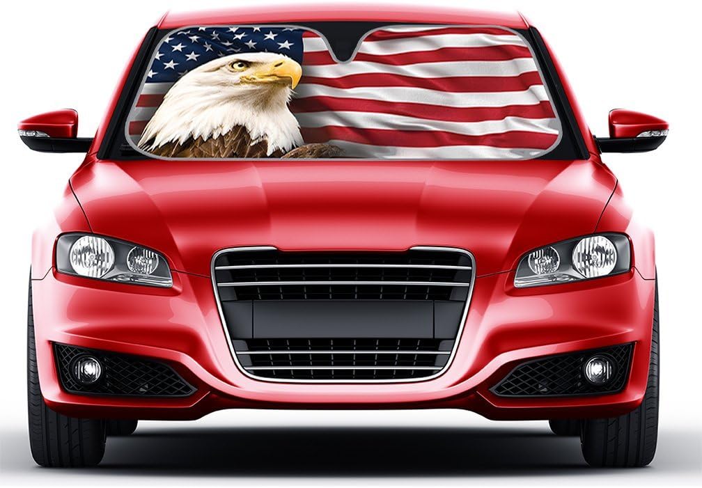 BDK USA Patriotic Eagle American Flag Sun Visor for Car Windshield Cover - Truck Window Shade 4th of July Car Flag Sun Visor for Truck Windshield Sunshade - Accordion Windshield Sun Shade 58 x 28