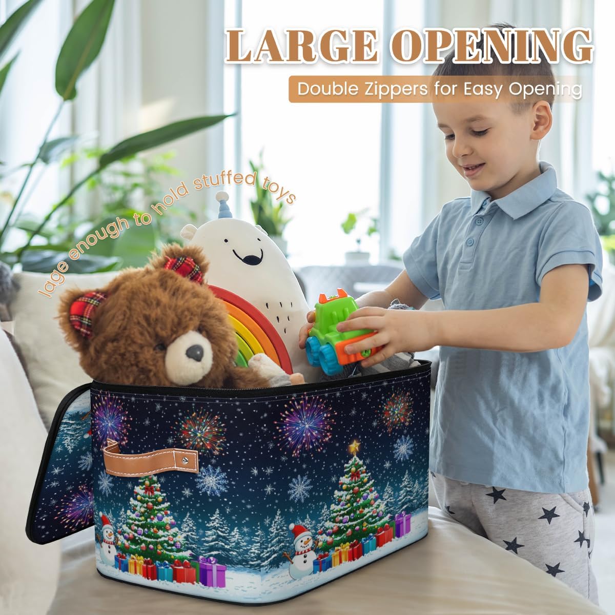 Storage Bin Set of 2 Christmas Tree Snowman Snow Storage Basket with Zipper Lid & Handle Foldable Closet Shelf 2 Pack Cloth Organizer Basket Cube Bins for Bedroom, Nursery