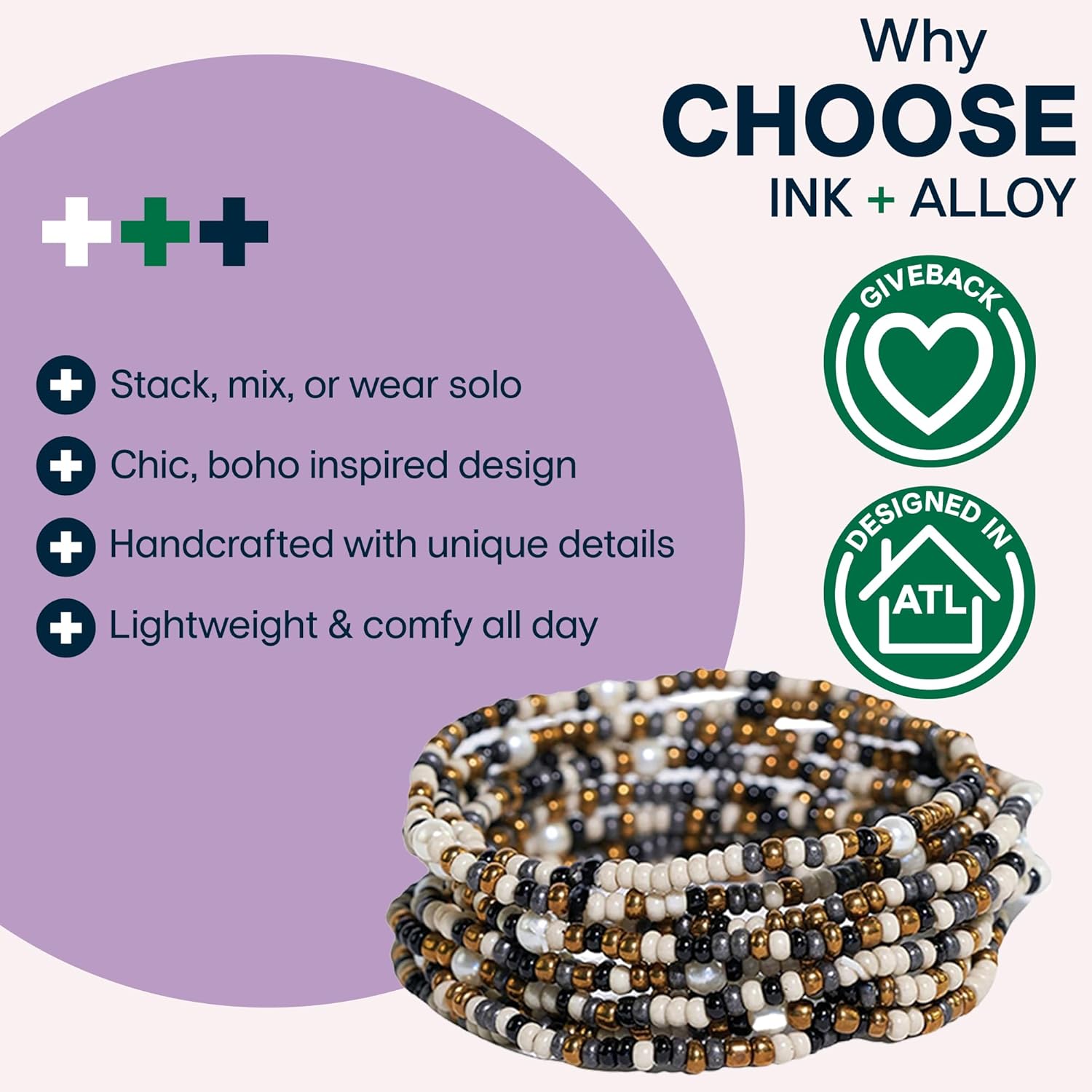 INK + ALLOY 10-Strand Stacking Beaded Bracelets for Women – Mixed Patterns Bracelet Stack - Adjustable Stretch Fit - Handmade Boho Bracelets for Women - Perfect for Any Occasion