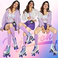 Vista 3 de Patines holográficos de piel sintética para mujer, patines de cuatro ruedas brillantes de doble fila, cuatro ruedas para niñas y edades de 8 a 50