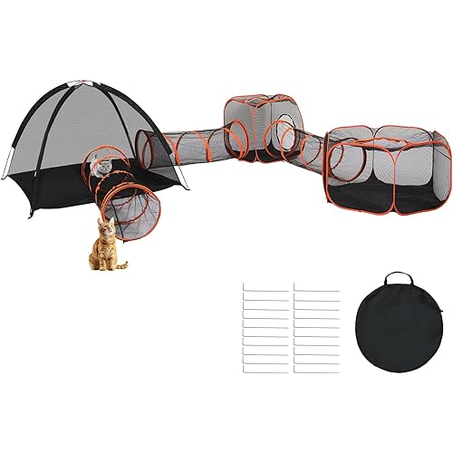 VINGLI Cat Tunnel, Outdoor Cat Enclosure, Large Catio, Outdoor Tunnels for Kittens with Storage Bag (Black&Orange, 6 in 1)