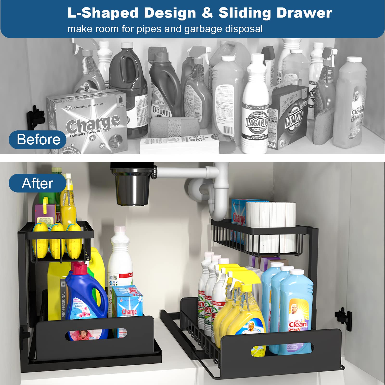 Auletin Under Sink Organizer, 2 Tier Pull Out Kitchen Cabinet Organizer ,Bathroom Shelf Organizer, Multi-Use Under Sink Organizers and Storage for Kitchen Bathroom Laundry