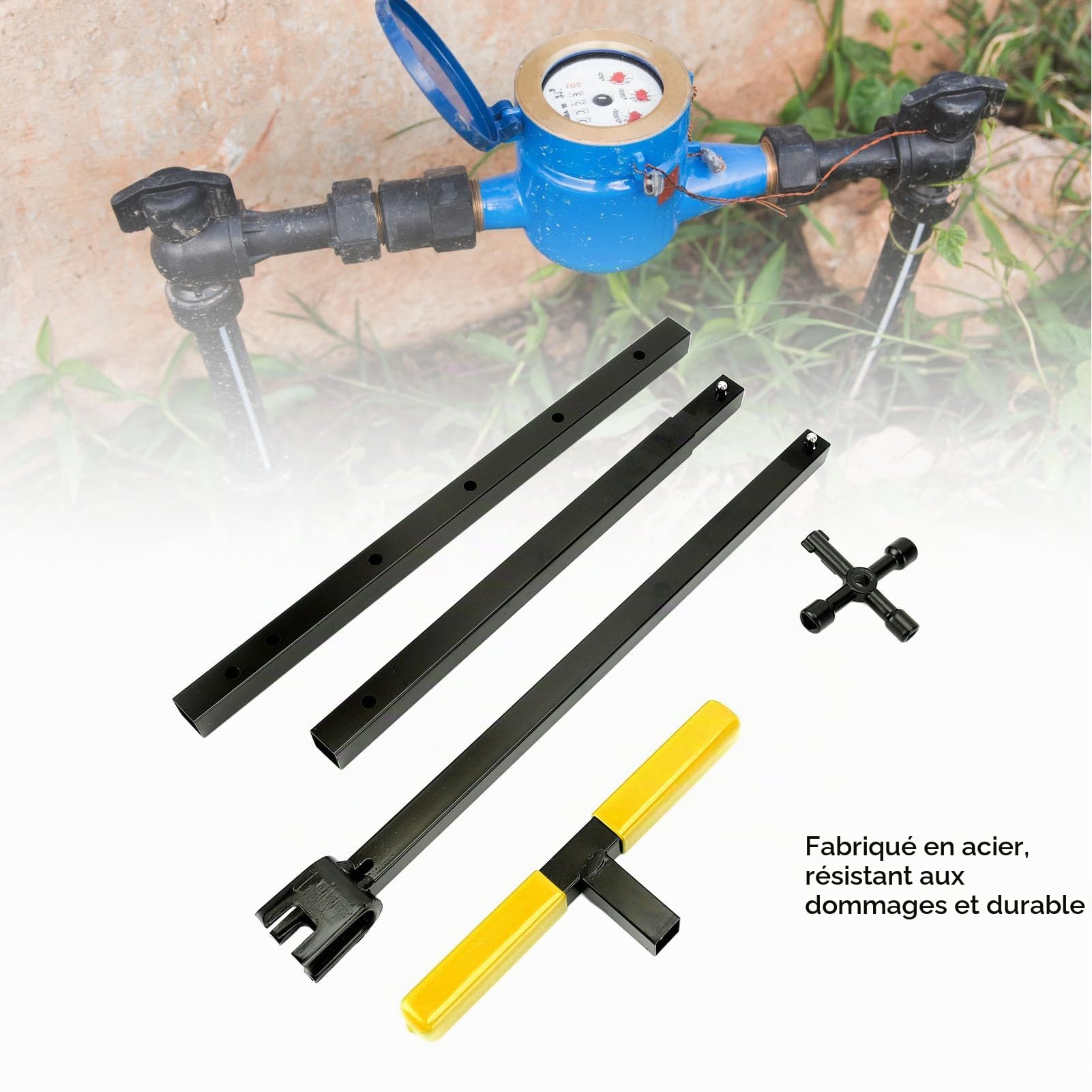AUNMAS Clé de compteur d'eau multifonctionnelle, poignée en T pliable facile à ranger outil en acier pour réparation domestique et professionnelle des compteurs d'eau
