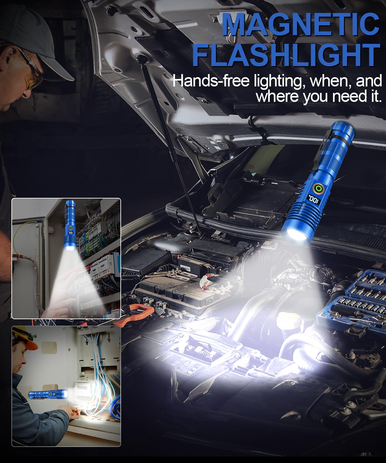 Linterna recargable de alto lúmenes, 12000 lm, luz magnética superbrillante con pantalla digital de potencia, alcance de 3280 pies, regulable, impermeable, linternas LED de bolsillo para camping de