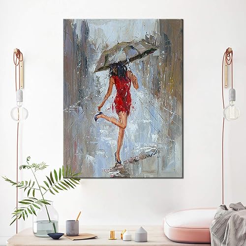 Miniatura 4 de Arte de lienzo abstracto grande para pared, lluvia, impresión moderna, pintura de niña con paraguas y vestido rojo caminando en la calle, obra de