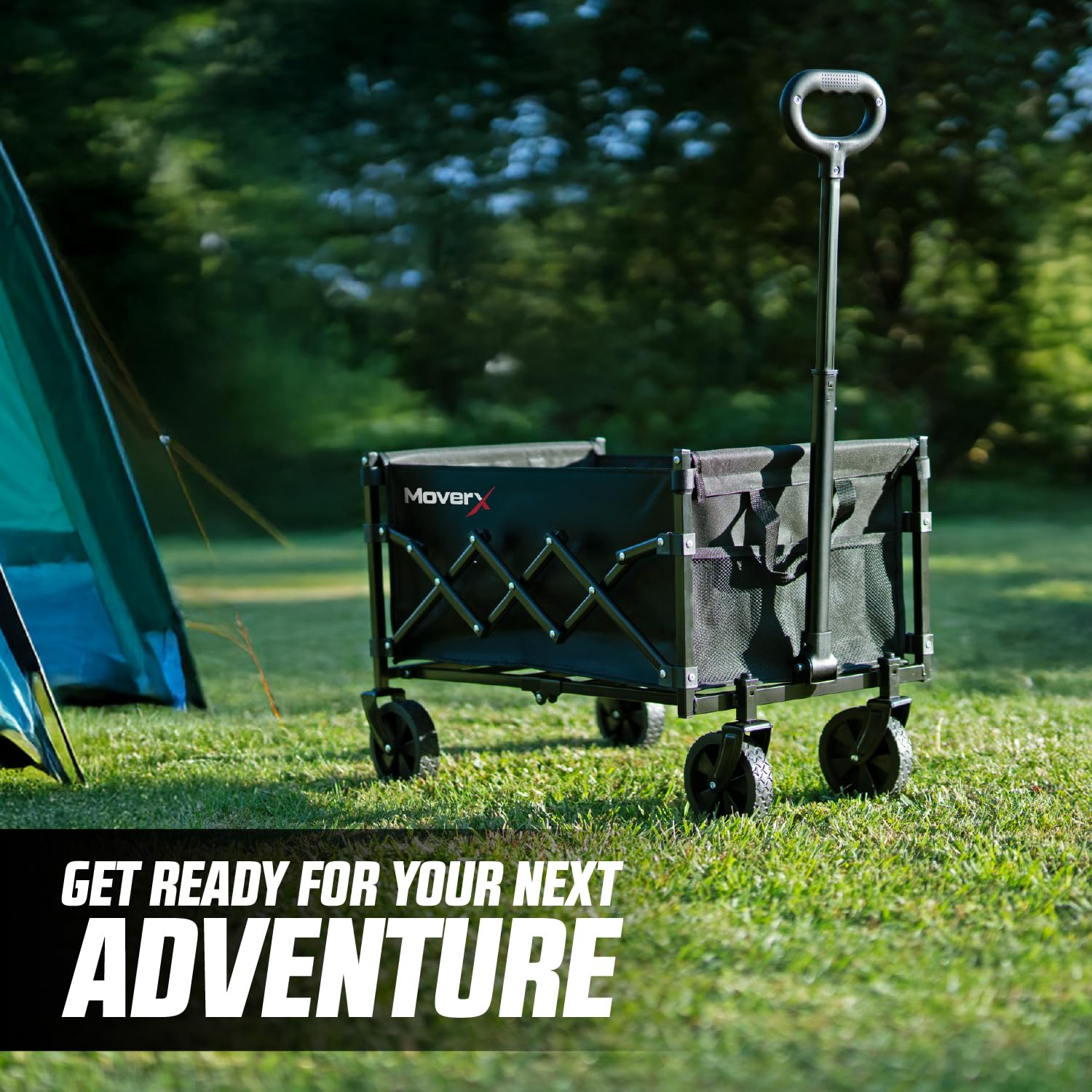 MoverX 70L Festival Trolley on Wheels, Folding Wagon, Portable Camping Cart, Collapsible Foldable Trolly for Beach Outdoor Garden Picnic Shopping Fishing, Adjustable Handle, Black — view 9