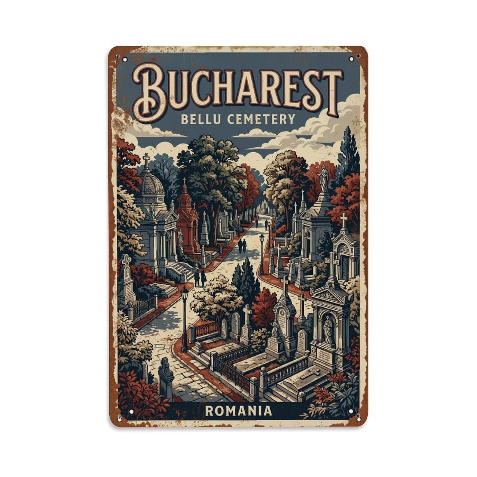 Vintage Travel Bucharest Bellu Cemetery Historic Romania Metal Tin Sign Plaque Wall Decor for Cafe, Club Bar, Office, Home Garden Metal Poster 8x12Inch