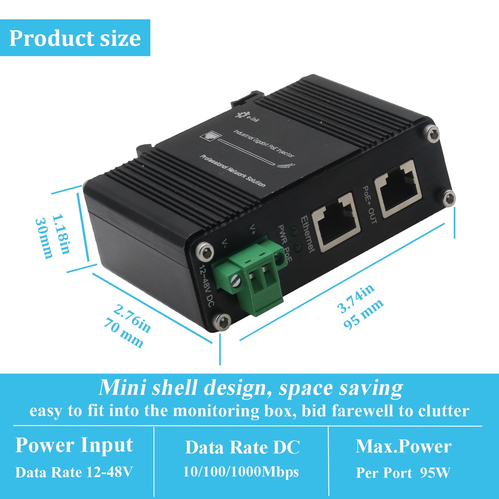 Mini wtryskiwacz Gigabit PoE+ - Przemysłowy wtryskiwacz sieciowy Ethernet 30 W zgodny z IEEE 802.3 af/at, obsługuje wejście DC 12-48 V, do użytku na zewnątrz, szyna DIN