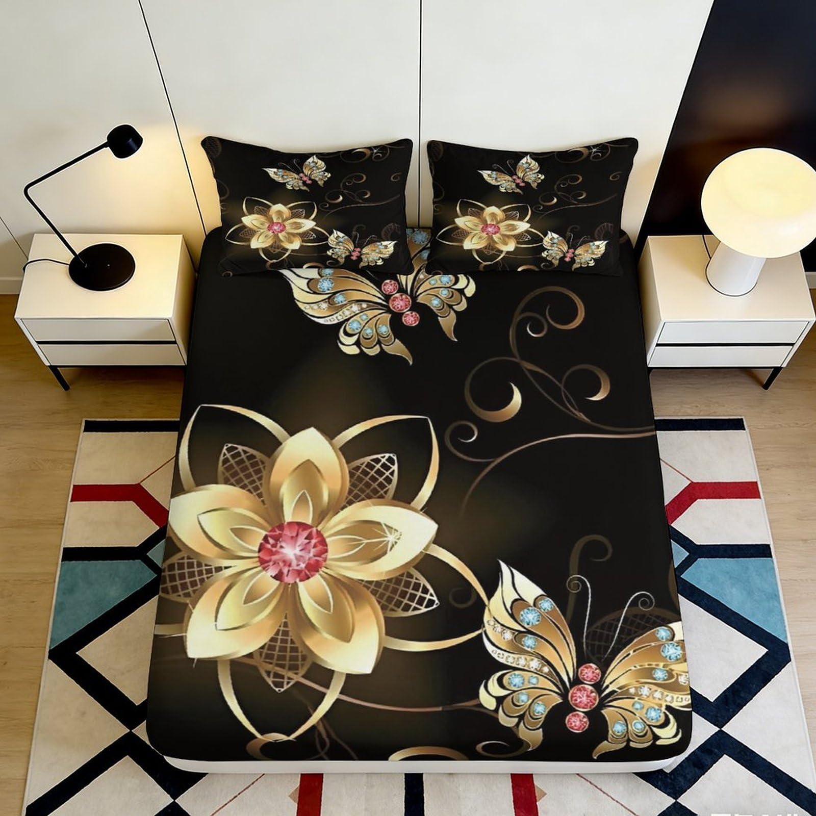 Jqzkxnhpbr Style-3 3D Printed Golden Floral Butterfly Fitted Sheet Microfiber Soft Anti-Slip Bed Cover For Bedroom Guest Room Decor 90X200x25cm