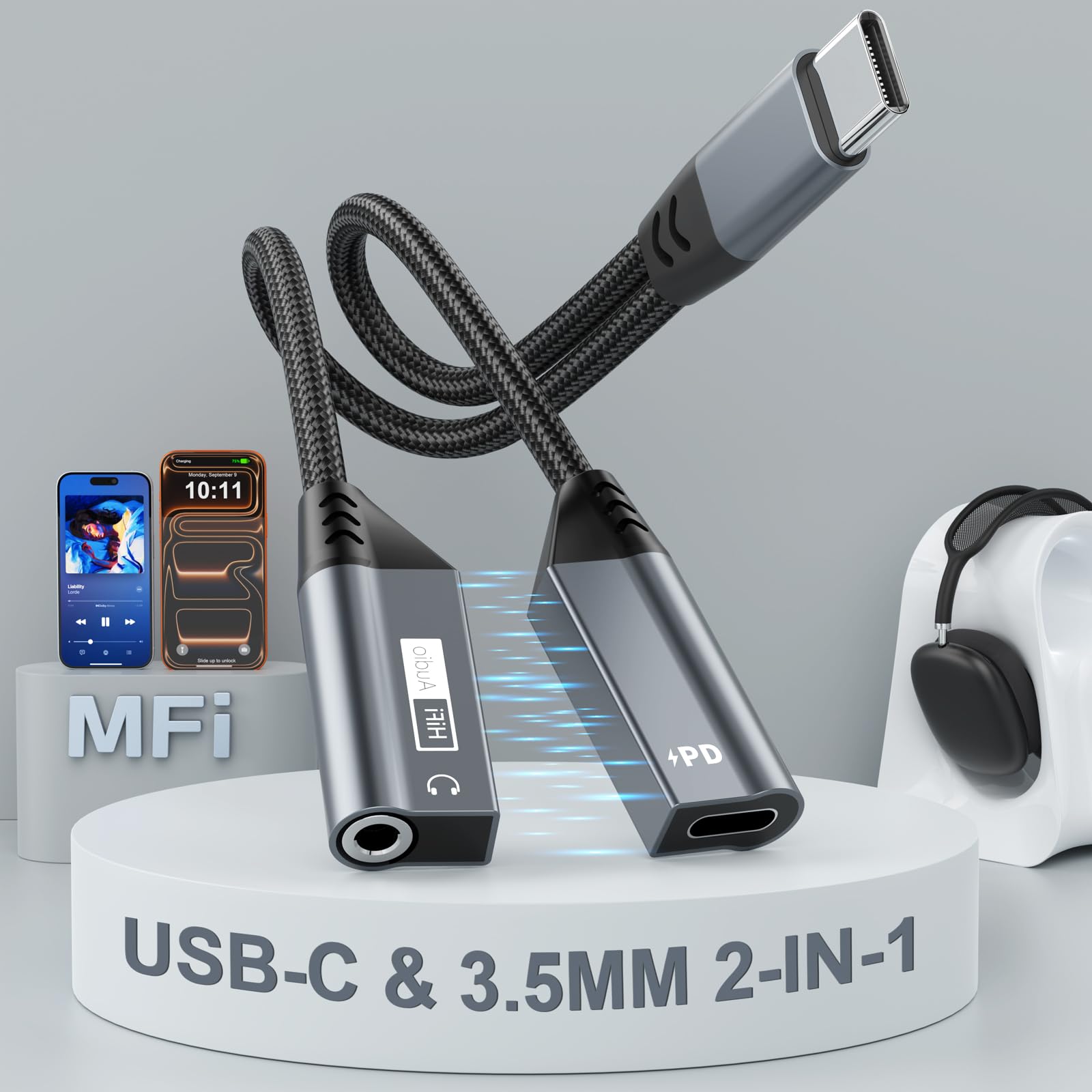 【2025磁気設計】2in1 イヤホンジャック 変換 タイプc イヤホン 変換アダプタ USB Type-C to 3.5mm 3極 4極 PD 60W 高速充電 DAC搭載 Hi-Fi音質 高耐久編組ナイロンケーブル 音量調節/通話/音楽対応 コントロール機能 iPhone17/16/15/iPad/Android/Type Cなど機器に適用