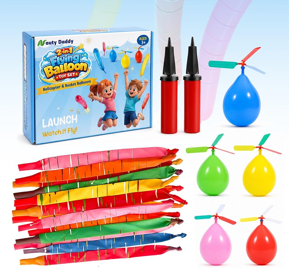 100 Rocket Balloons with 2 Pumps and 5 Helicopter Balloon Toys | Whistling Sound, 40-Inch, Reusable Latex, Birthday, Backyard, School, Outdoor Parties