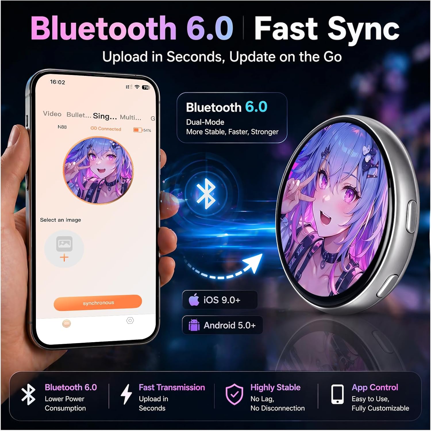 Digital Pin Badge with 1.85" IPS Touch Screen, Pixel Badge Display for Photo Slideshow GIF & Video, Anime Accessory for Ita Bag Backpack Cosplay, Wearable Electronic Brooch with Magnetic Clip, Lanyard & Stand