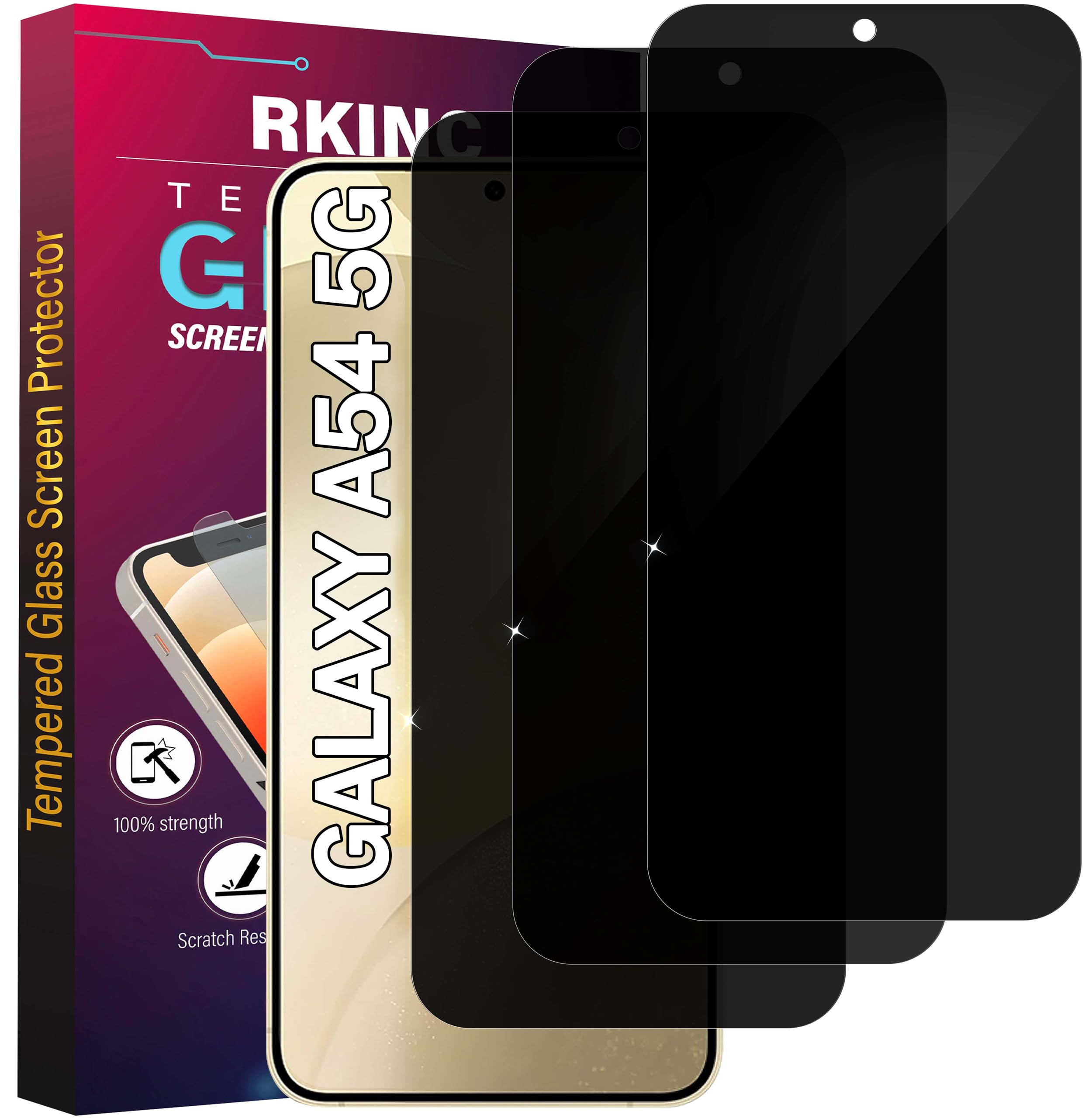 RKINC 3 Stück, Sichtschutz Panzerglas für Samsung Galaxy A54 5G, Anti-Spähen Panzer Schutz Glas HD Displayschutzfolie, [Unterstützt keine Entsperrung per Fingerabdruck] kratzfest, blasenfre