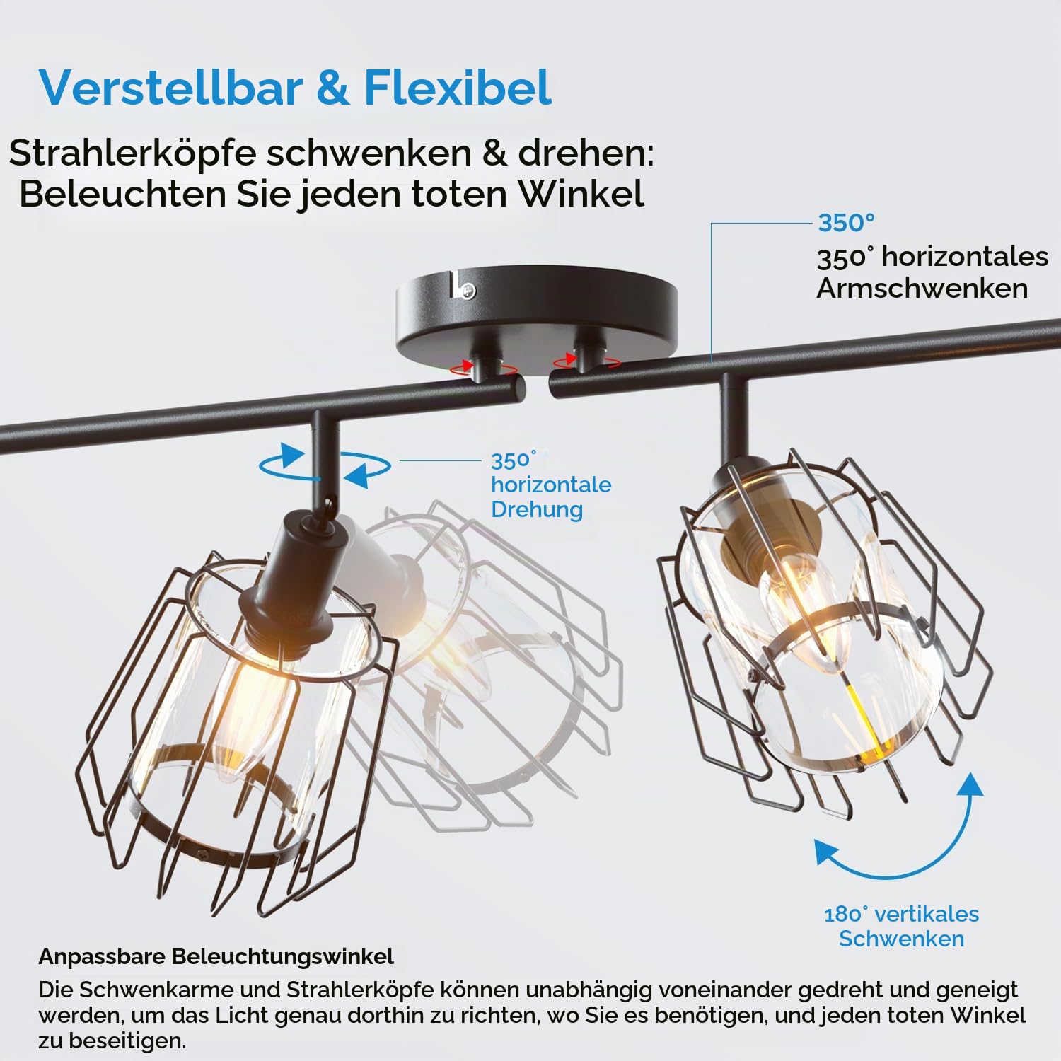 LVWIT LED Deckenstrahler Schwenkbar 350°, E14 Deckenleuchte 4 Flammig Deckenlampe Strahler Schwarz Spots LED mit Acryl Lampenschirm- Küchenlampe Wohnzimmerlampe Deckenspot (Ohne Leuchtmittel)