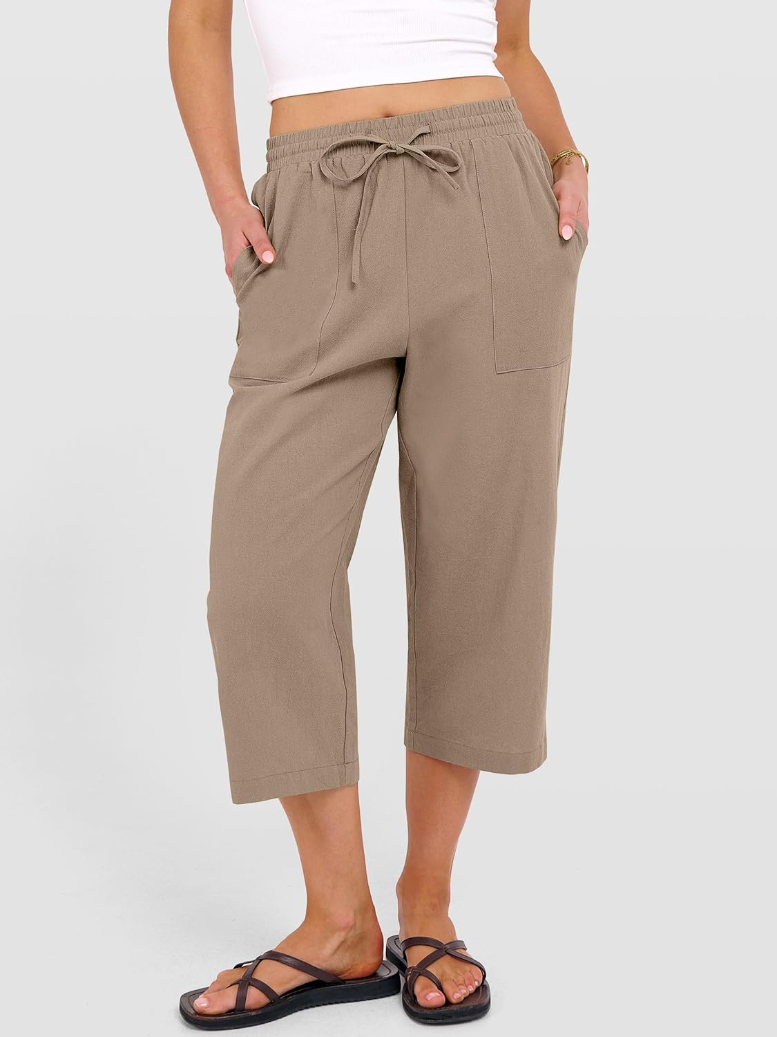 ANRABESS Capris Pants for Women Summer Casual Loose Drawstring Elastic High Waist Straight 2026 Lounge Beach Cropped Trousers