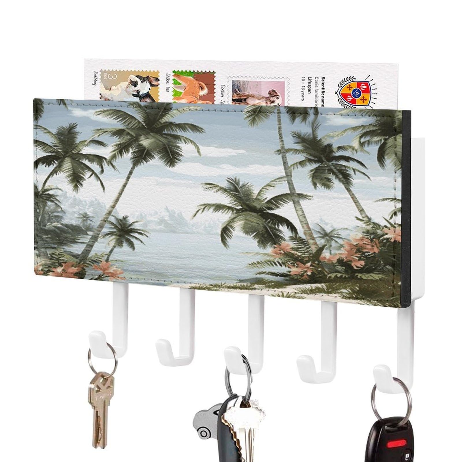 LDGSUPH Tropical Palm Trees Key Holder Wall Mount Key Hanger with 5 Hooks Fashion Key Organizer Rack Hanging Key Hooks with Mail Organizer Key Rack for Home Entryway Hallway White-Style