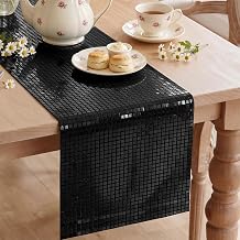 Artoid Mode Black Glitter Disco Sequin Table Runner, Retro Theme Kitchen Dining Table Decoration for Bachelorette Home Party Wedding Decor 12x72 Inch