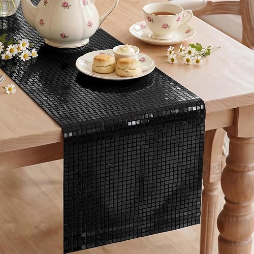 Artoid Mode Black Glitter Disco Sequin Table Runner, Retro Theme Kitchen Dining Table Decoration for Bachelorette Home Party Wedding Decor 12x72 Inch - 12" x 72", Table Runner - Black