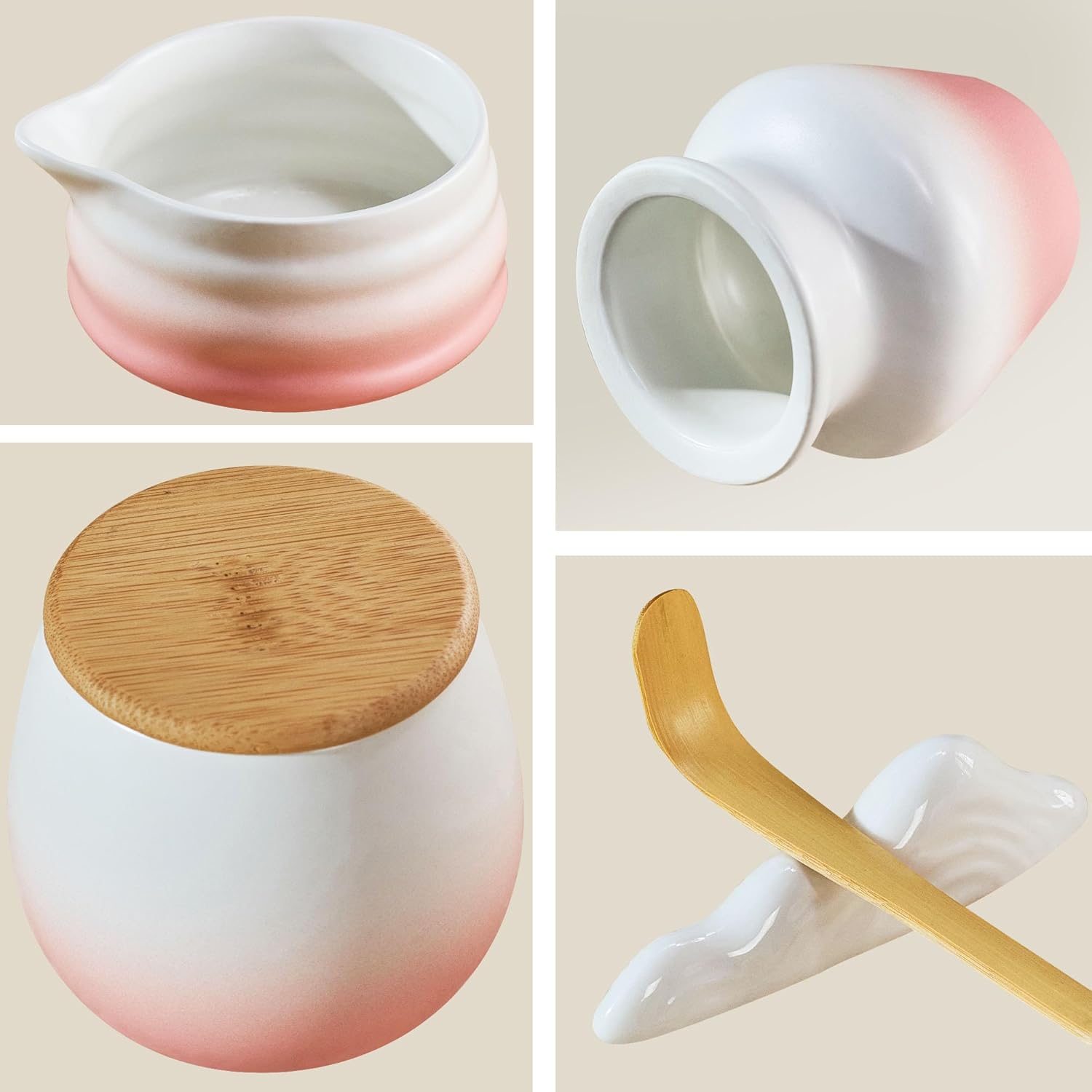 Matcha Whisk Set, Pink Matcha Kit, 8 Pcs Matcha Set Includes Matcha Bowl with Spout, Matcha Whisk and Holder, Ceramic Tea Caddy, Bamboo Scoop, Scoop Rest, Sifter and Tea Towel, Gift for Tea Lover - Image 7