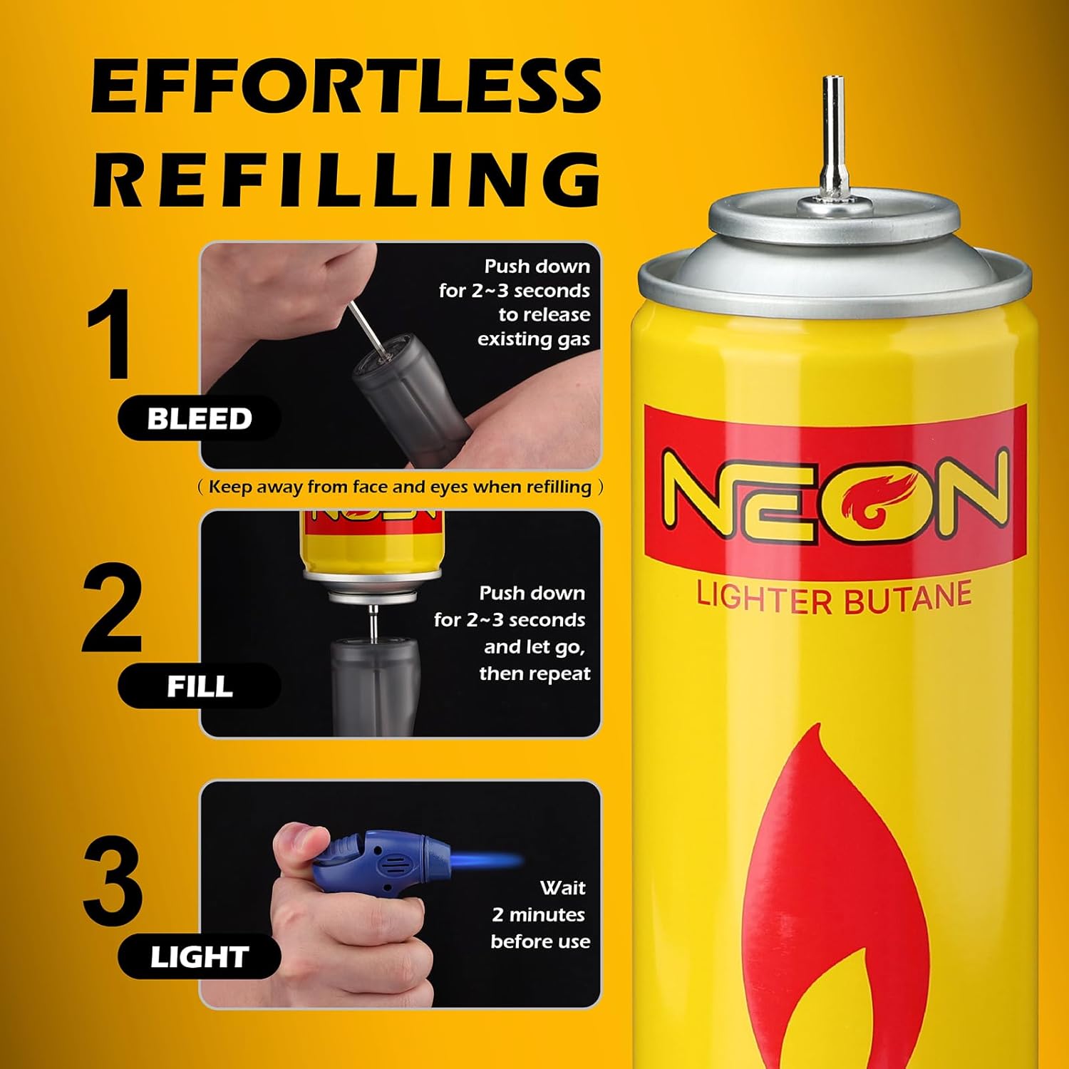 NEON Butane Fuel Refill, 300ml Ultra Refined Lighter Fluid, Premium 99.999% Pure Butane Gas with Metal Nozzle and 5 Butane Adapter Tips for Torch Lighter, Kitchen Torches, Refillable Lighters