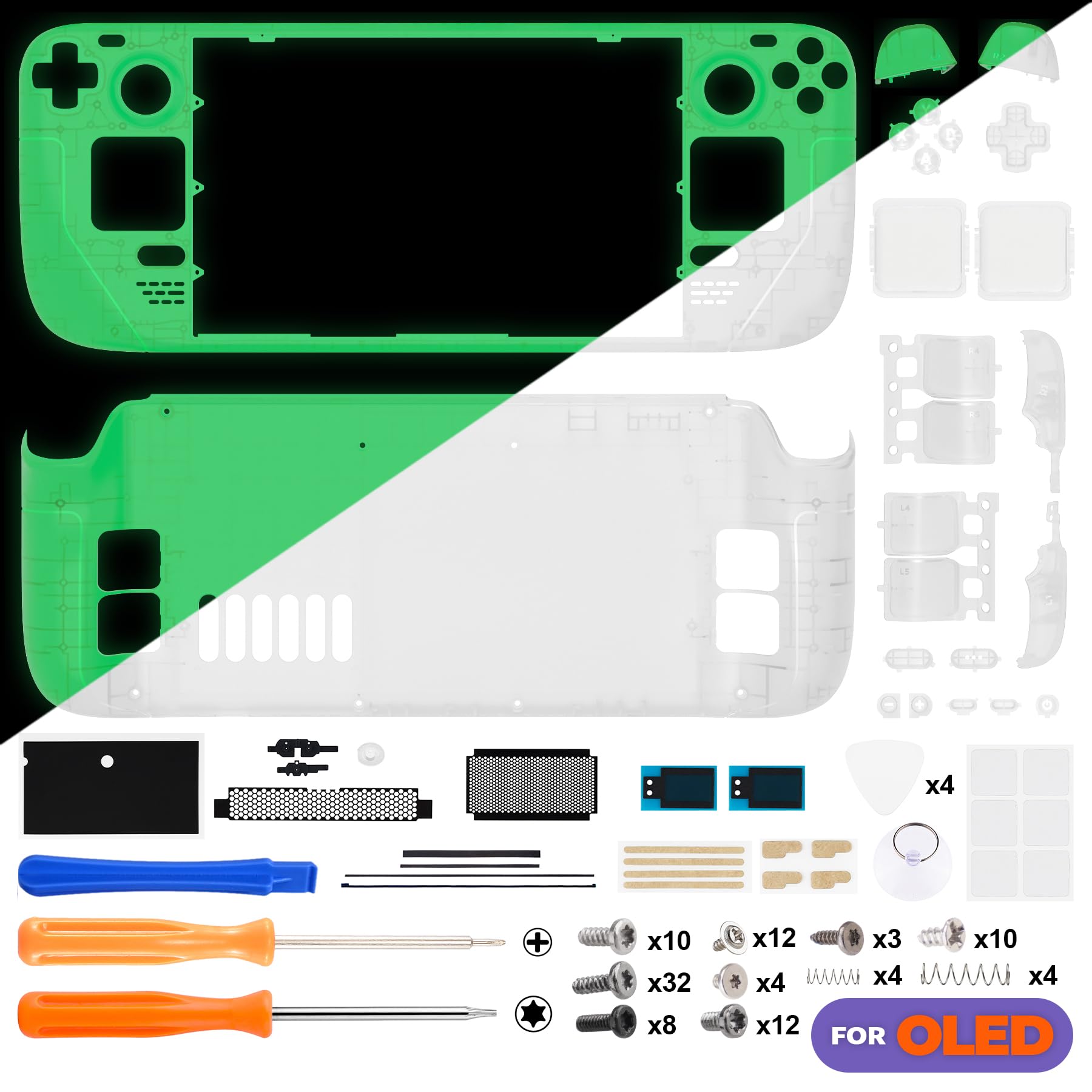 eXtremeRate Cover Custodia Tasti Pulsanti per Steam Deck OLED,Scocca Case Frontale Posteriore Trackpad DIY Ricambio per Steam Deck OLED Console(Senza Console)-Trasparente Illuminare