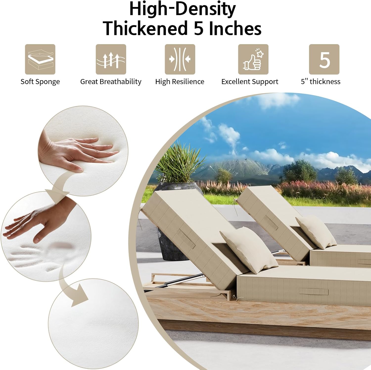 Outdoor Water-Resistant Olefin Chaise Lounge Cushions with Pillow, Weather and Fade Resistant Patio Furniture Lounge Chair Cushion Ideal for Patio, Lawn, Garden, Beige, 80" L x 26" W x 5" T